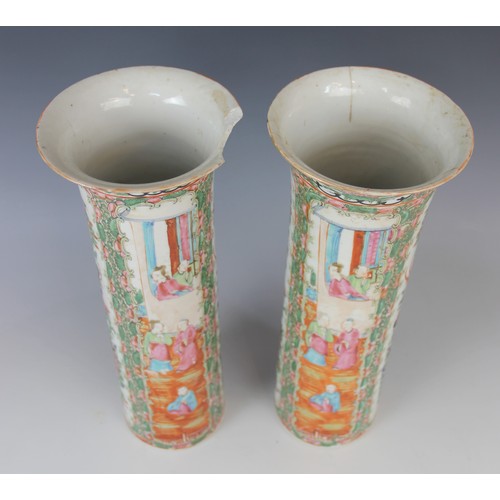 280 - A pair of Chinese Canton vases, 19th century, each of cylindrical sleeve form and decorated in famil... 