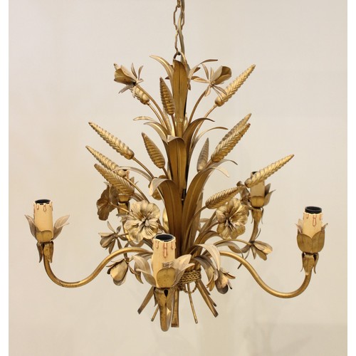 376 - An Italian gilt metal floral, fauna and wheatsheaf five branch chandelier, mid 20th century, in the ... 