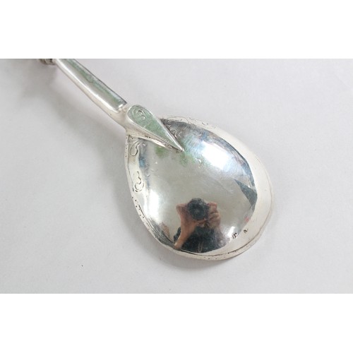 6 - A continental silver spoon, the fig shaped bowl engraved with Mary and Jesus and inscribed 'Ave Mari... 