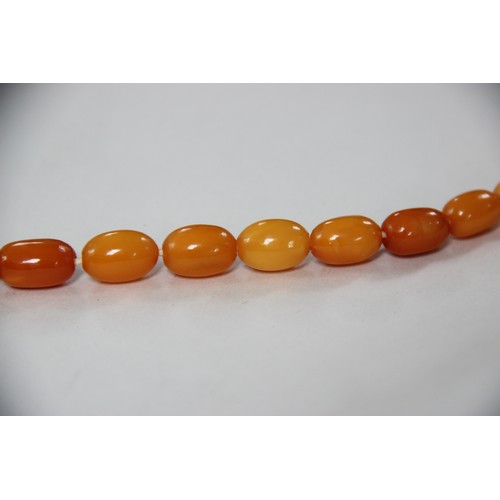 99 - A butterscotch amber bead necklace, comprising fifty-one graduated plain polished oval beads measuri... 