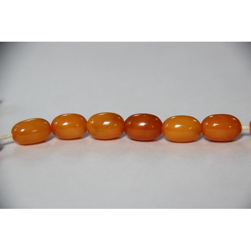 99 - A butterscotch amber bead necklace, comprising fifty-one graduated plain polished oval beads measuri... 