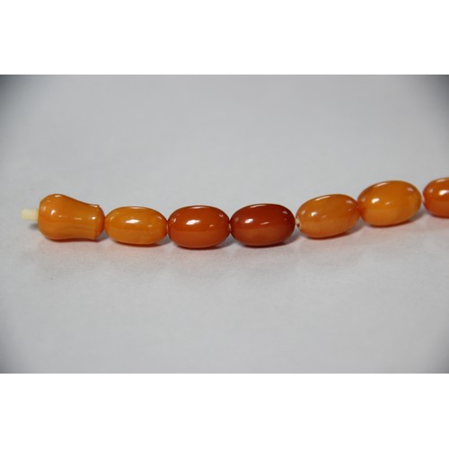 99 - A butterscotch amber bead necklace, comprising fifty-one graduated plain polished oval beads measuri... 