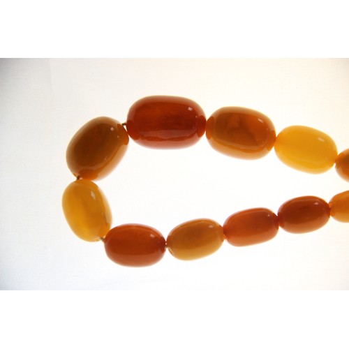 99 - A butterscotch amber bead necklace, comprising fifty-one graduated plain polished oval beads measuri... 