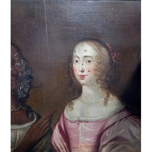 564 - English school, circa 1650,
Portrait of two ladies, both half length,
Patch marks to their faces ins... 