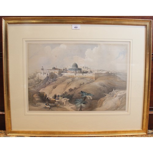 492 - After David Roberts R.A (Scottish 1796-1864), 
Four hand coloured lithographs on paper, 
'St Jaen d'... 