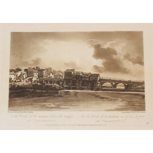 495 - After Thomas Girtin (1775-1802), 
Eight views of Paris, 
Sepia aquatinted lithographs on paper, 
Thr... 