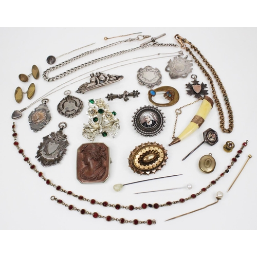 114 - A selection of antique and vintage jewellery, to include six early 20th century shield fob medallion... 