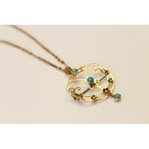 119 - An Edwardian turquoise and seed pearl set pendant/brooch, the unmarked yellow metal open work scroll... 