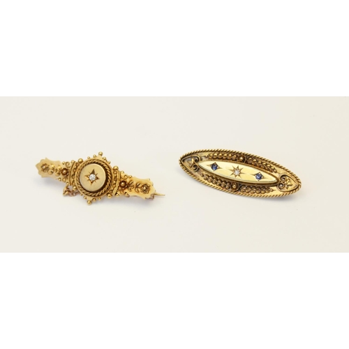 122 - A Victorian 15ct gold diamond set Etruscan bar brooch, Chester 1895, the central round old cut diamo... 