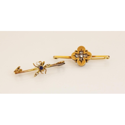 147 - A sapphire and pearl insect bar brooch, the yellow gold body with a mixed cut sapphire set to the th... 