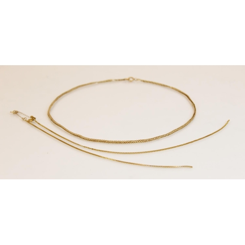 159 - A yellow metal herringbone chain, with spring ring and loop fastening stamped '9K', 42.5cm long, tog... 