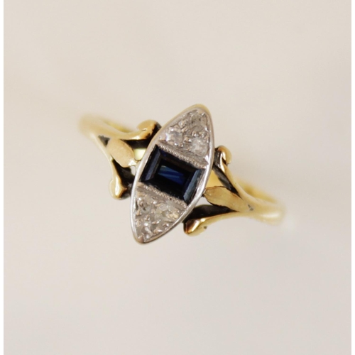 163 - An early 20th century sapphire and diamond 18ct gold ring, comprising a central rectangular step cut... 