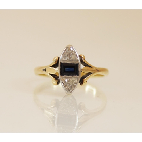 163 - An early 20th century sapphire and diamond 18ct gold ring, comprising a central rectangular step cut... 