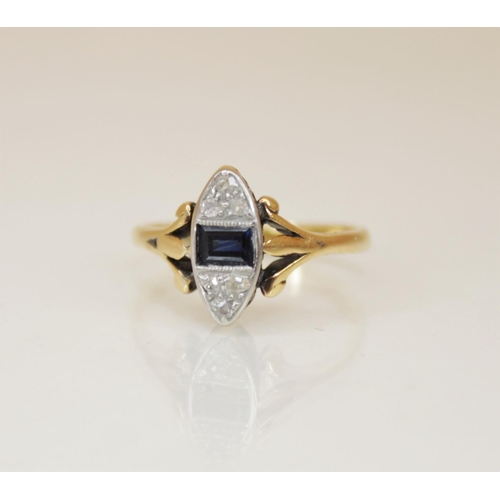 163 - An early 20th century sapphire and diamond 18ct gold ring, comprising a central rectangular step cut... 