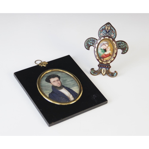 215 - English School (19th century), 
Half length portrait miniature of a gentlemen in a blue overcoat, 
8... 