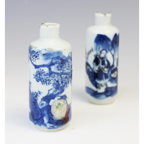 220 - Two Chinese porcelain blue and white snuff bottles, Kangxi (1661-1722), each of cylindrical form and... 