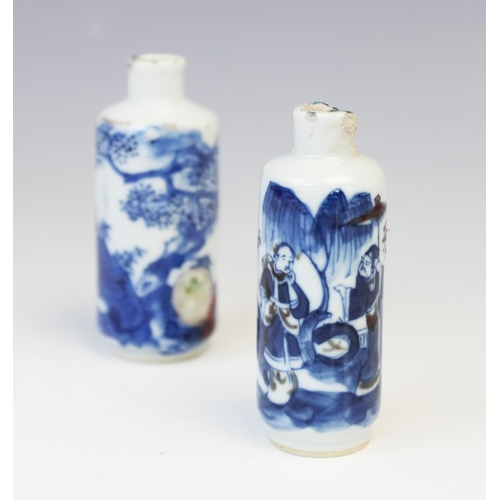 220 - Two Chinese porcelain blue and white snuff bottles, Kangxi (1661-1722), each of cylindrical form and... 