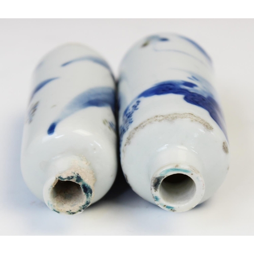 220 - Two Chinese porcelain blue and white snuff bottles, Kangxi (1661-1722), each of cylindrical form and... 