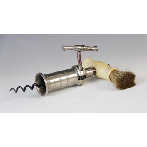 225 - A vintage cork screw and dust brush, 20th century, the  nickel plated body with geared turning mecha... 