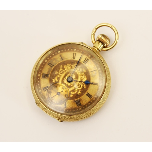 87 - An Edwardian continental 18ct gold fob watch, the circular dial with Roman numerals and subsidiary d... 