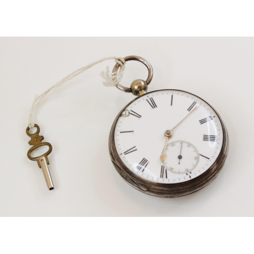 97 - A Victorian silver pocket watch, the round white enamel dial with black Arabic numerals and subsidia... 