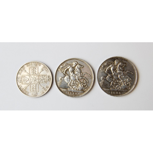 216 - Two Victorian Crowns, dated 1889 and 1895, and a Victorian Florin dated 1890 (3)