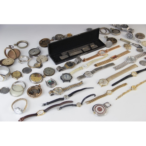 82 - A collection of assorted watch parts, to include mechanical and battery powered movements, straps an... 