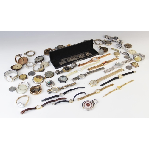 82 - A collection of assorted watch parts, to include mechanical and battery powered movements, straps an... 