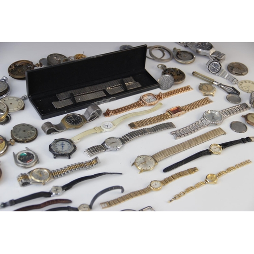 82 - A collection of assorted watch parts, to include mechanical and battery powered movements, straps an... 