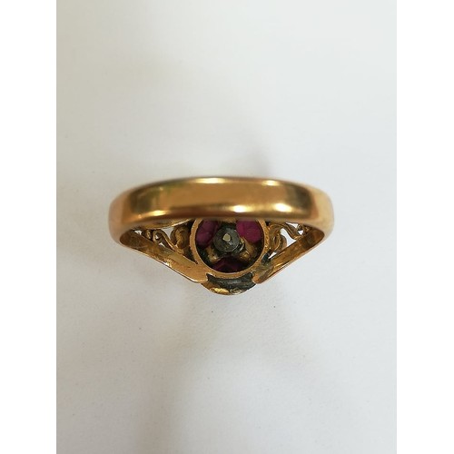 106 - A Victorian garnet and enamel 18ct gold ring, the trefoil shaped head set with three oval old cut ga... 