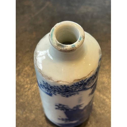 220 - Two Chinese porcelain blue and white snuff bottles, Kangxi (1661-1722), each of cylindrical form and... 