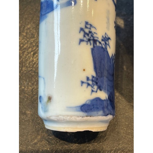 220 - Two Chinese porcelain blue and white snuff bottles, Kangxi (1661-1722), each of cylindrical form and... 