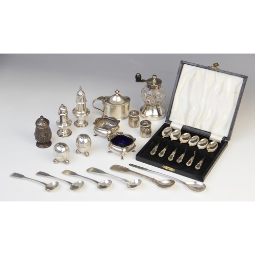 105 - A selection of silver and silver coloured tableware, to include; a cased set of six silver teaspoons... 