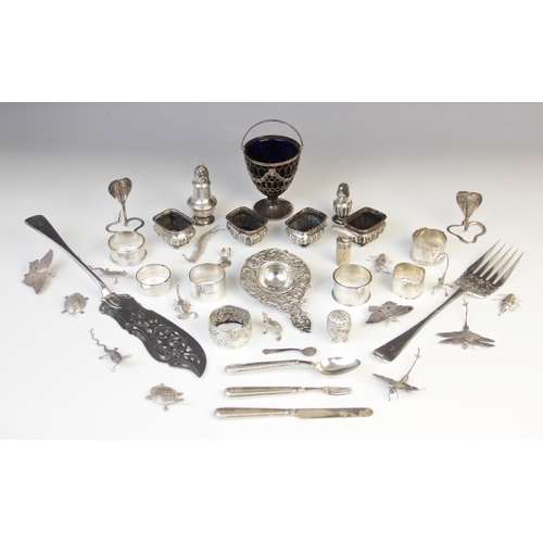 113 - A selection of silver and silver plated ware, to include; four late Victorian silver open salts by J... 