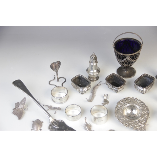 113 - A selection of silver and silver plated ware, to include; four late Victorian silver open salts by J... 