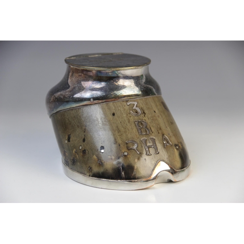 145 - A Victorian silver-plate mounted horse's hoof inkwell, the hinged cover titled 'Rocksand 1918-1936',... 