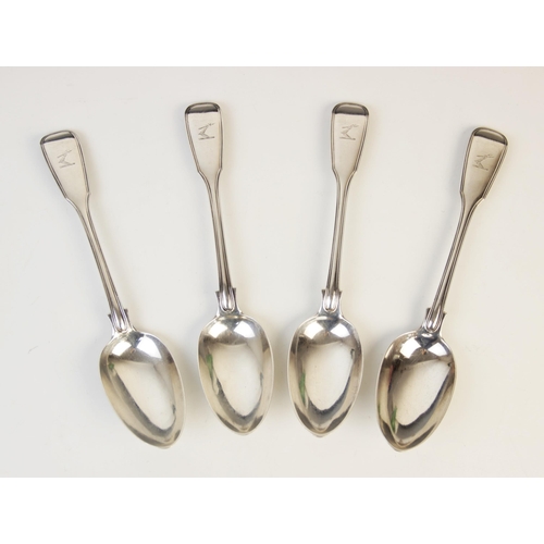 4 - A set of four Victorian fiddle pattern silver tablespoons, Chawner & Co, London 1848, each thumbpiec... 