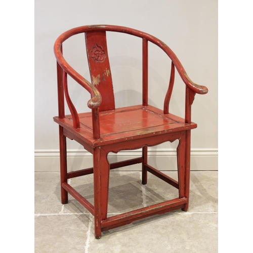 890 - A Chinese red painted altar chair, late 19th/early 20th century, the horse shoe shaped top rail abov... 