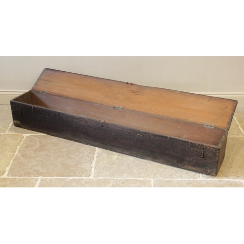 893 - A 19th century stained pine chest/trunk, probably a sword chest, of plain long rectangular form, the... 