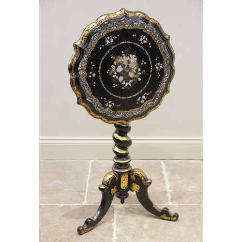 911 - A Victorian black lacquered and mother of pearl inlaid pedestal occasional table, in the manner of J... 