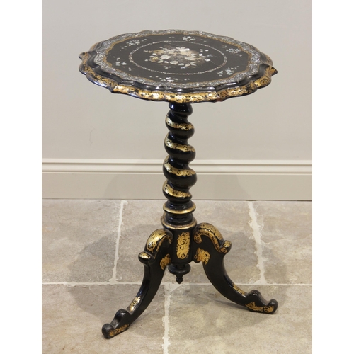 911 - A Victorian black lacquered and mother of pearl inlaid pedestal occasional table, in the manner of J... 