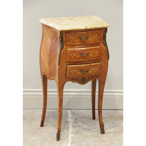 932 - A Louis XV style kingwood marble top bombe bedside chest, mid 20th century, the shaped marble top ab... 