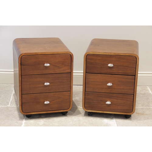 941 - A pair of stained plywood retro bedside cabinets, late 20th century, each of rounded rectangular for... 