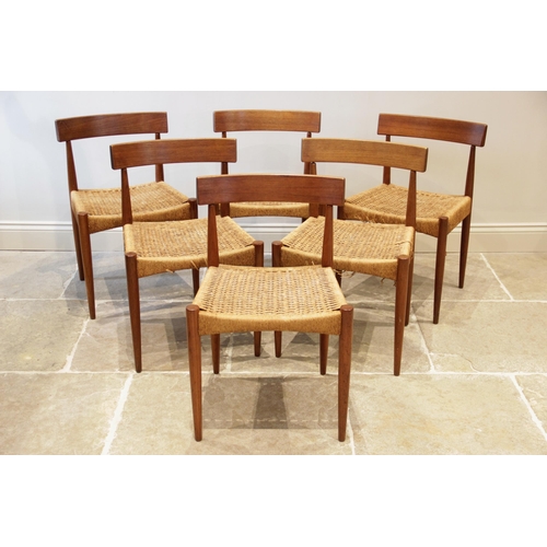 942 - A set of six 1960's Danish teak dining chairs by Arne Hovmand for Mogens Kold, each chair with a con... 