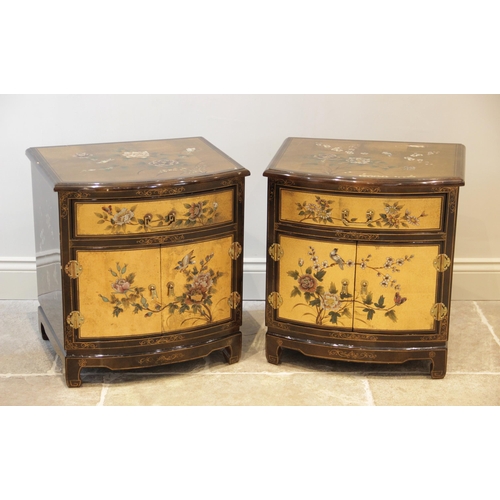 946 - A pair of chinoiserie black lacquer cabinets, late 20th century, each of bowfront form with a single... 