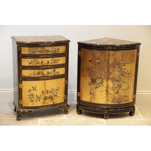 947 - A chinoiserie black lacquer side cabinet, late 20th century, of bowfront form with an arrangement th... 