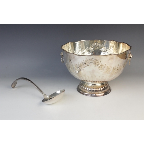 148 - A mid-20th century silver plated punch bowl, of circular form with shaped rim and gadroon border on ... 