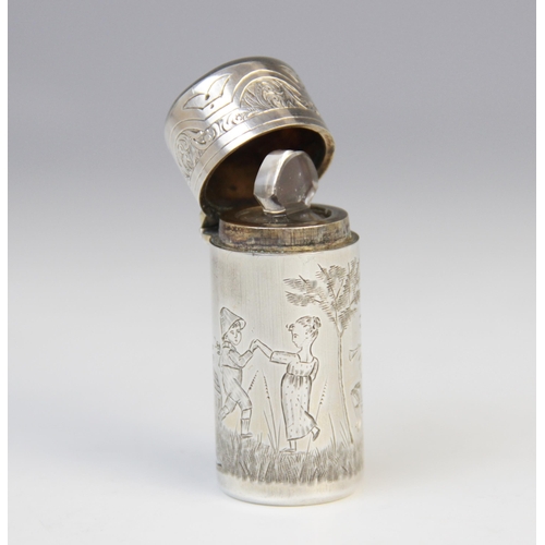 92 - A Victorian silver scent bottle by Sampson Mordan, London 1882, of cylindrical form with hinged cove... 