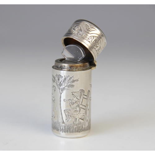 92 - A Victorian silver scent bottle by Sampson Mordan, London 1882, of cylindrical form with hinged cove... 