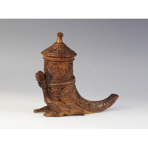 107 - A Scandinavian treen Cornucopia/horn vessel and cover, 20th century, extensively carved with scrolls... 